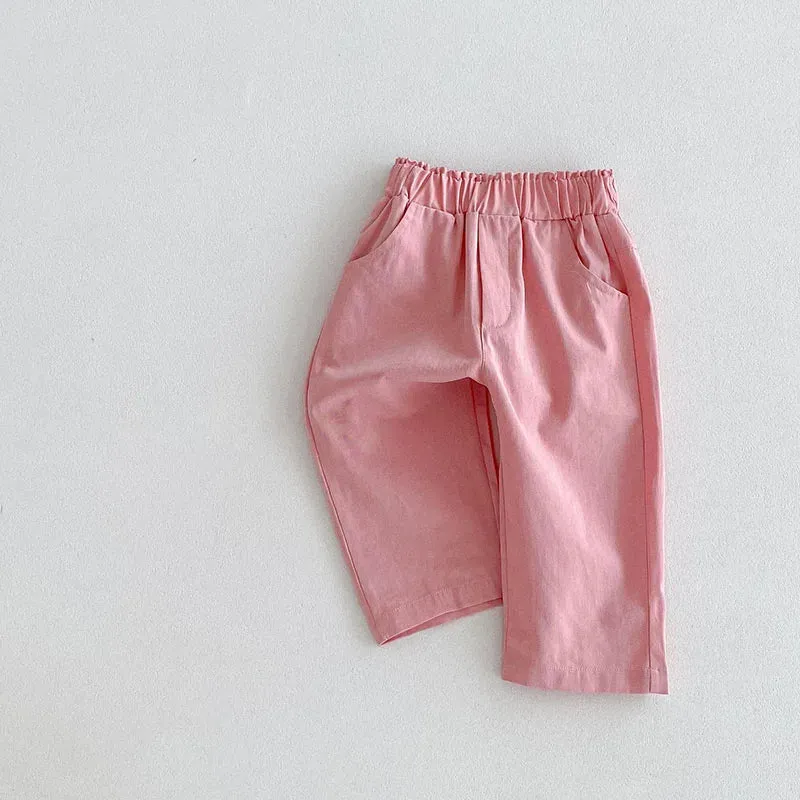 Kids Autumn Casual Pants Children Solid Elastic Waist Trousers Girls Sweet Pink Soft Loose Pants