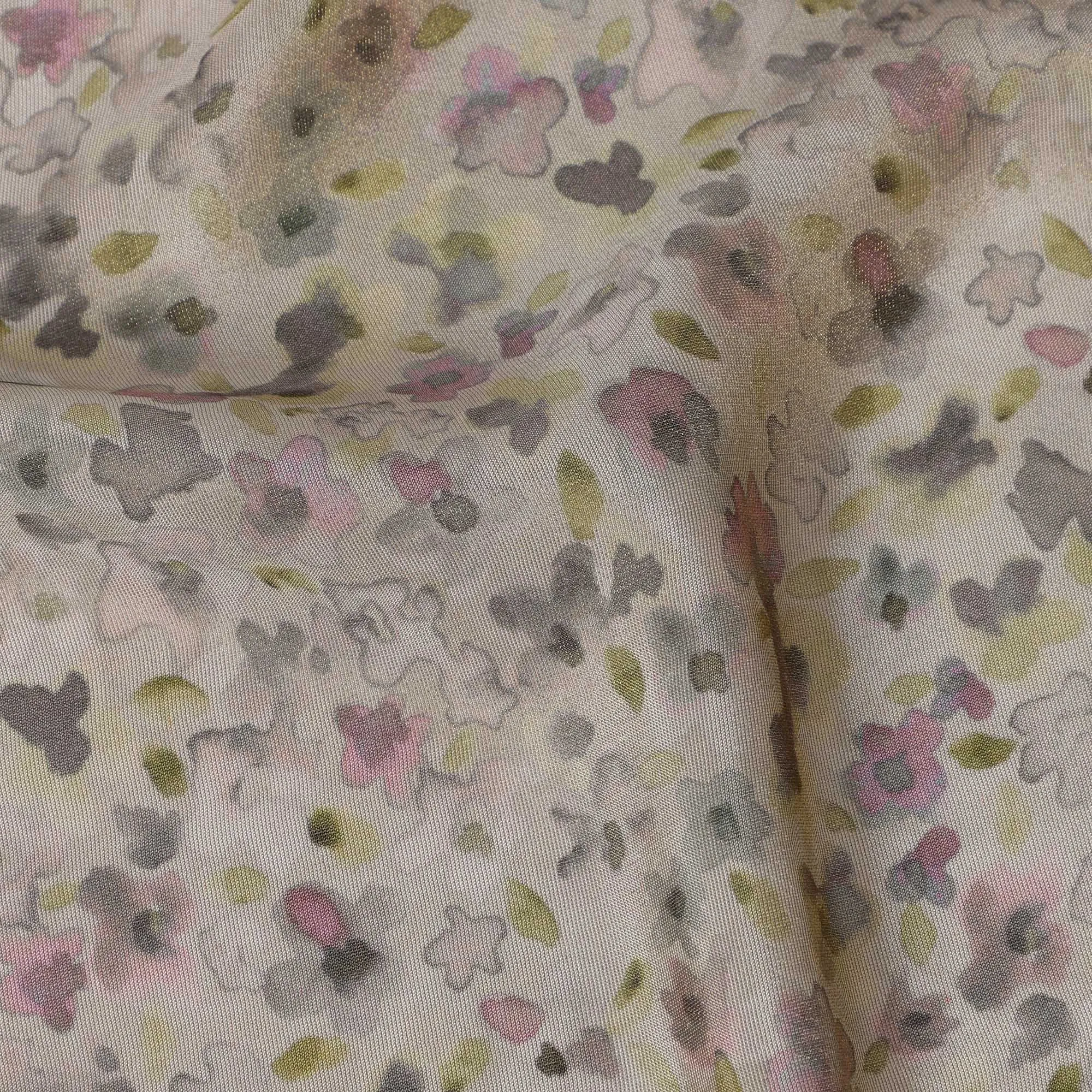 Light Beige Viscose Digital Printed Fabric with Metallic Finish and Abstract Floral Design, 110 cm Width-D21336