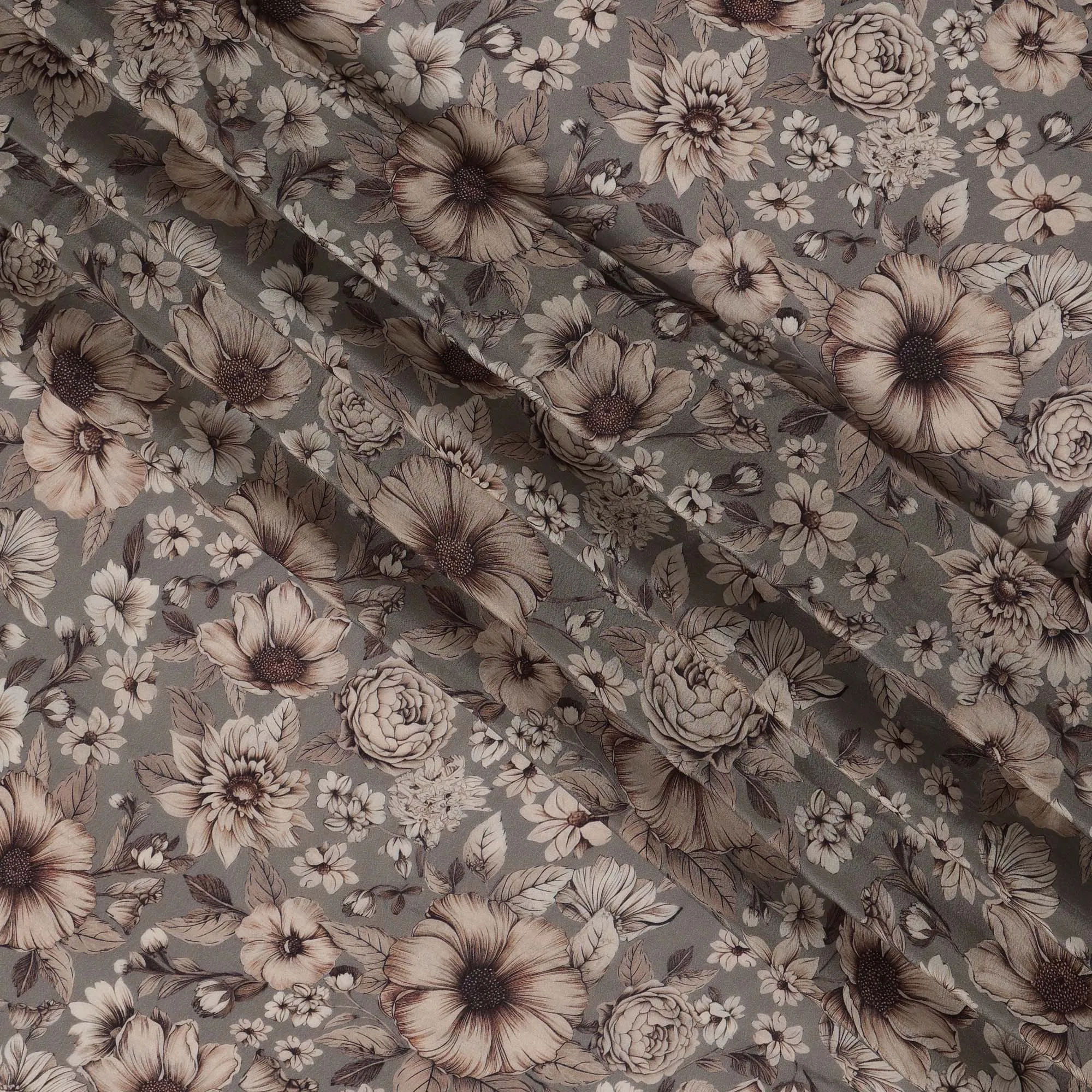 Light Brown Viscose Digital Printed Fabric with Vintage Floral Design, 110 cm Width-D21303