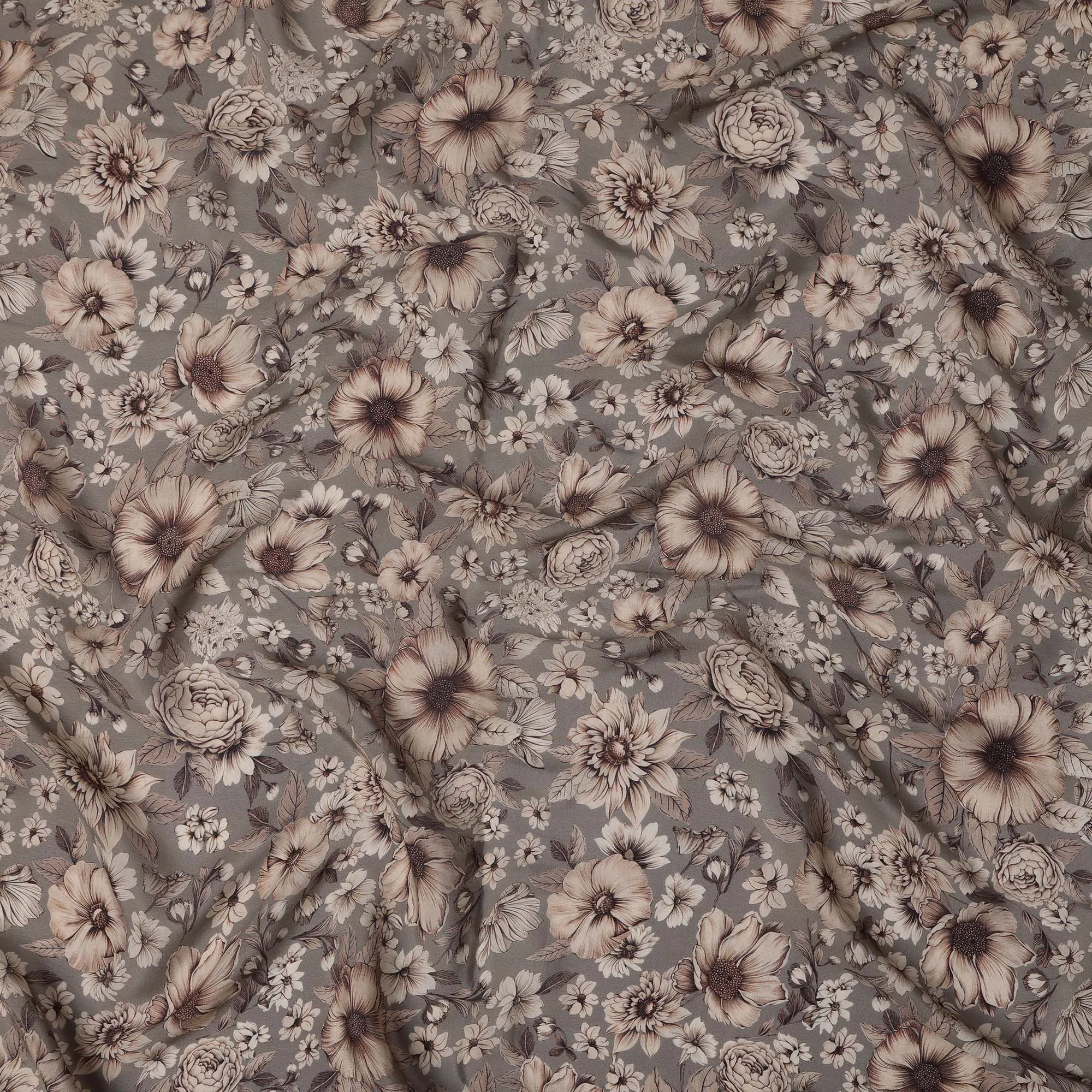 Light Brown Viscose Digital Printed Fabric with Vintage Floral Design, 110 cm Width-D21303