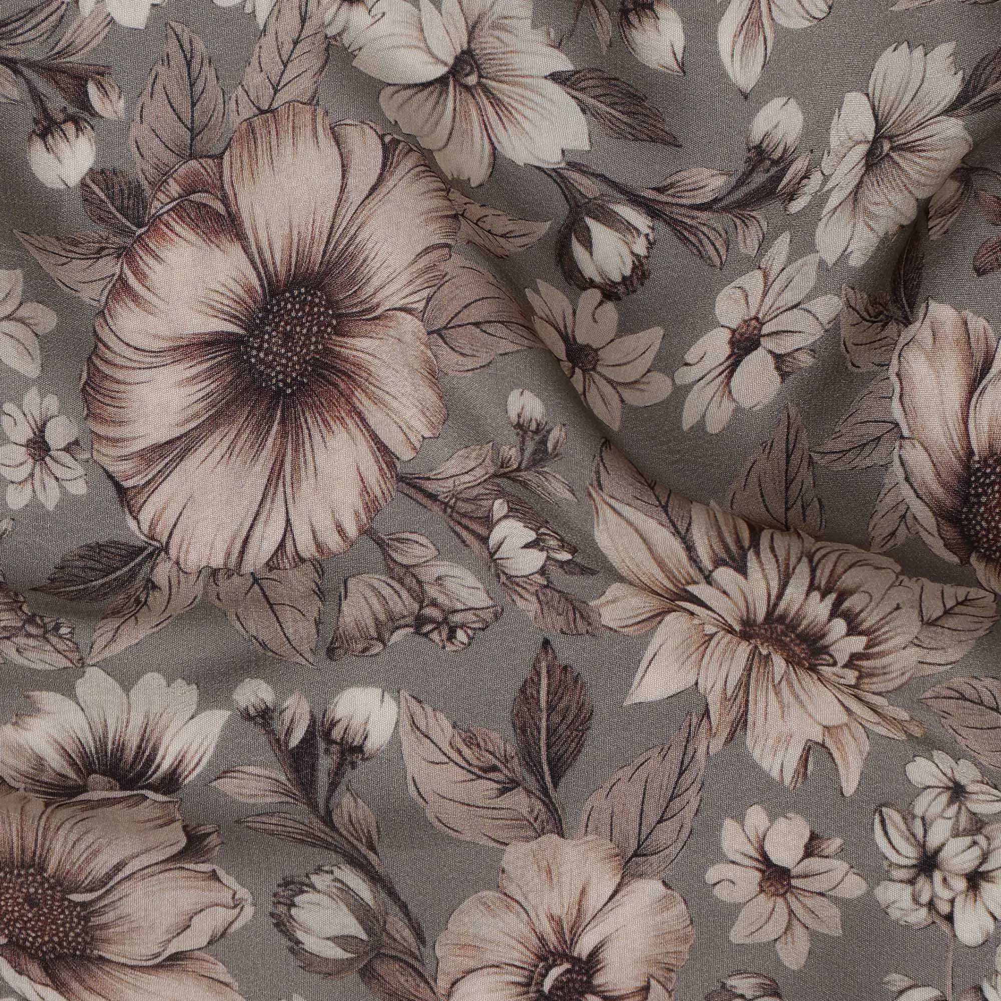 Light Brown Viscose Digital Printed Fabric with Vintage Floral Design, 110 cm Width-D21303