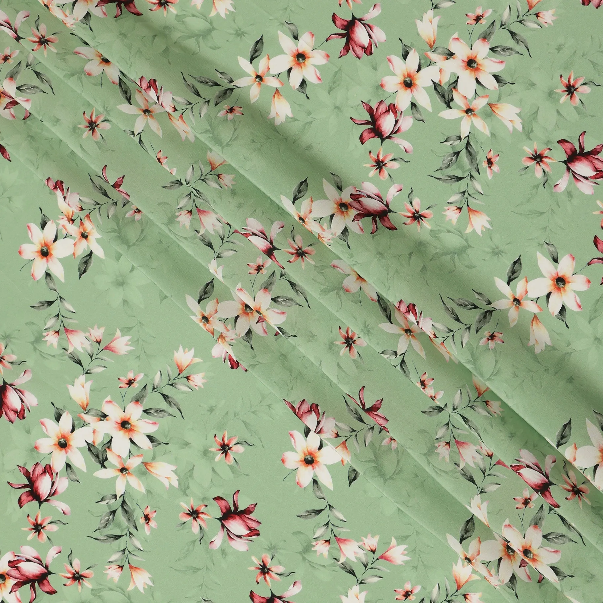 Light Green Viscose Fabric with White and Red Floral Digital Print, 110 cm Width-D20636