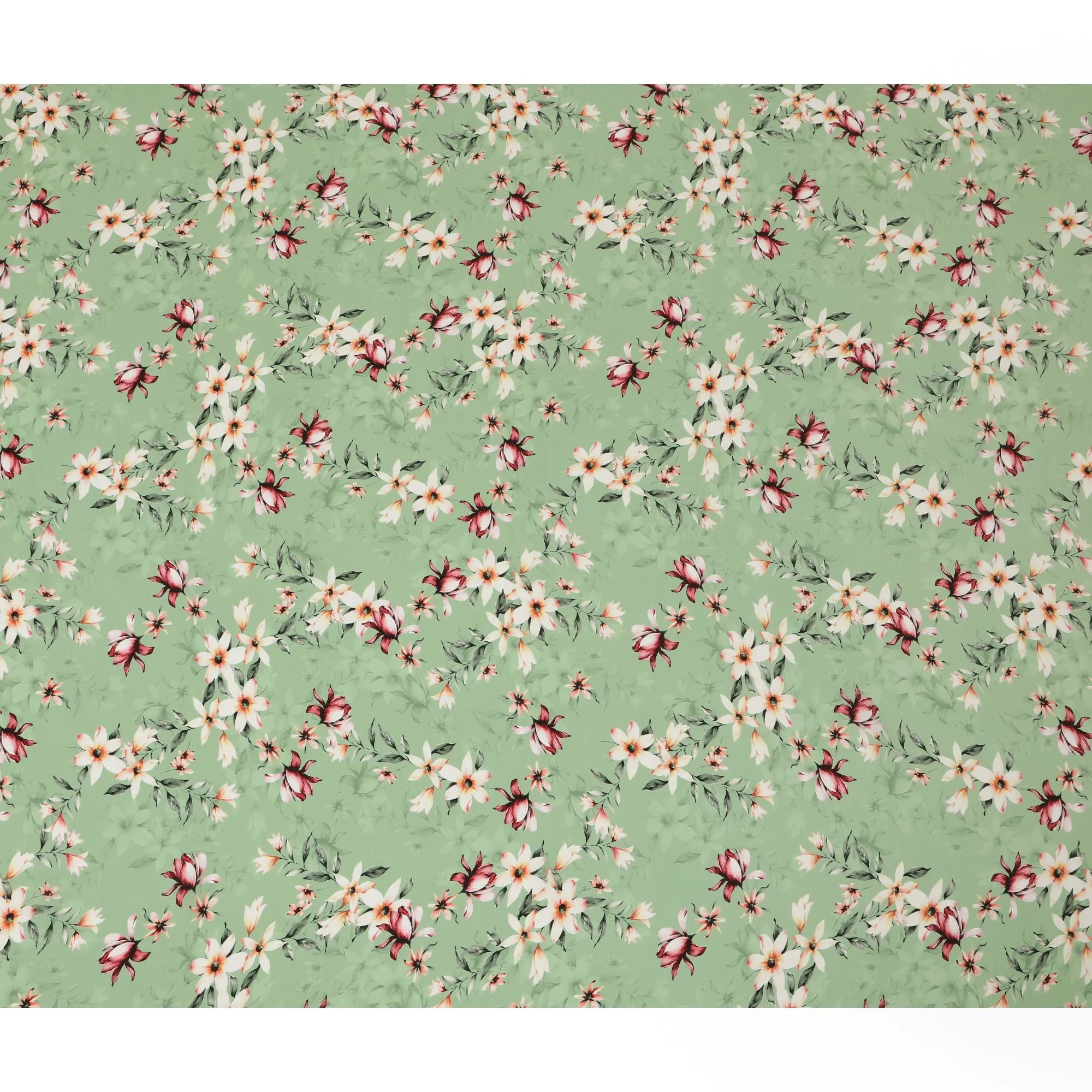 Light Green Viscose Fabric with White and Red Floral Digital Print, 110 cm Width-D20636