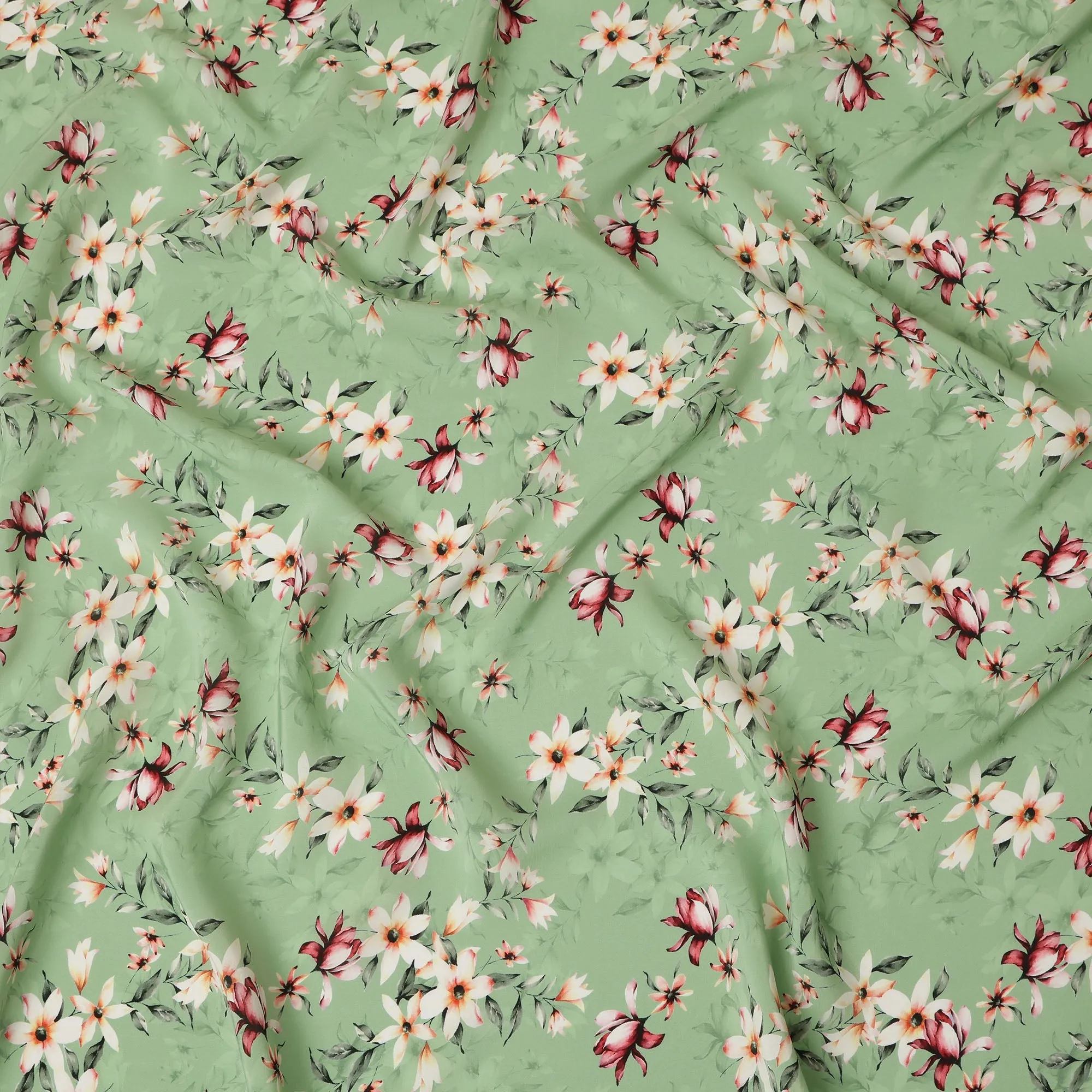 Light Green Viscose Fabric with White and Red Floral Digital Print, 110 cm Width-D20636