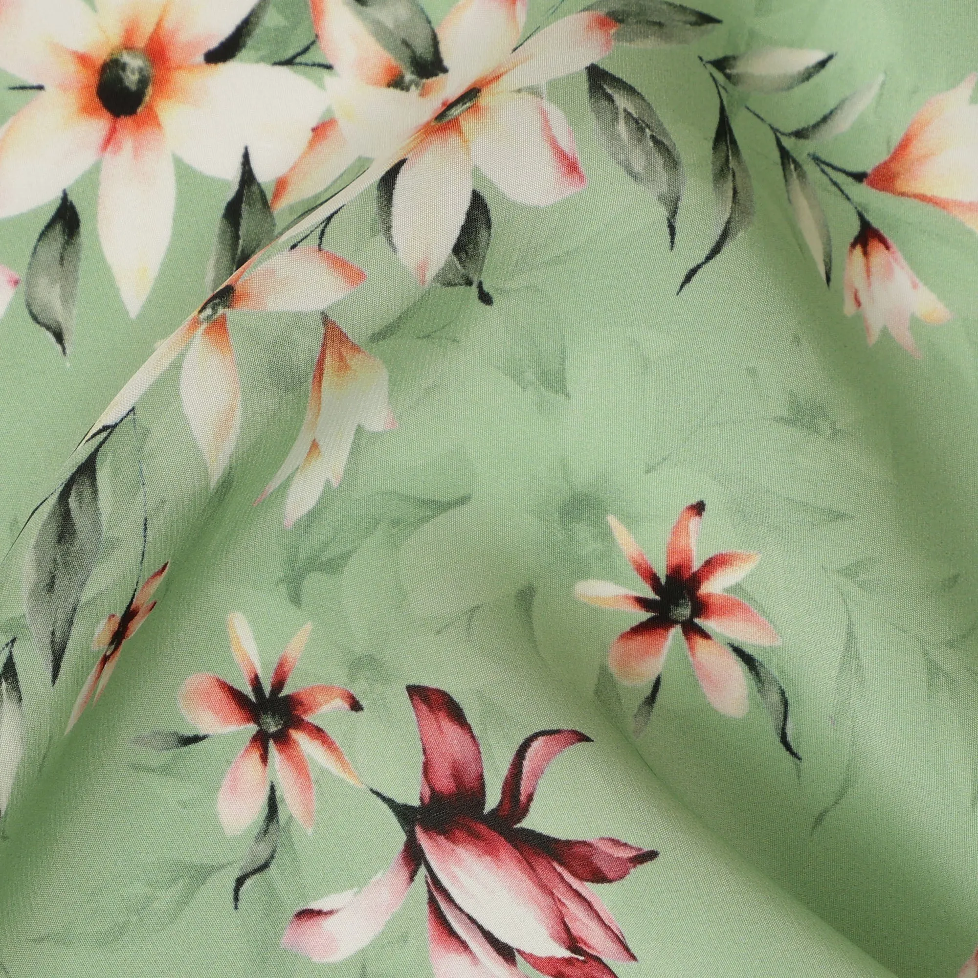 Light Green Viscose Fabric with White and Red Floral Digital Print, 110 cm Width-D20636