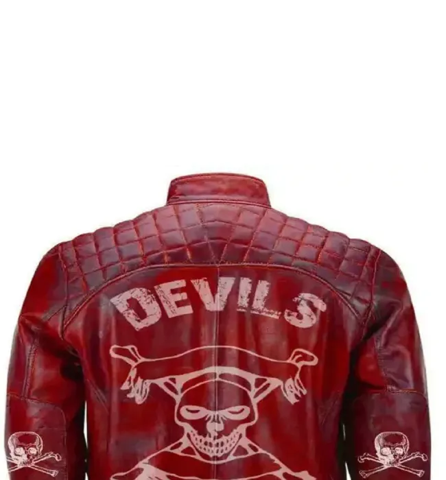 Men Red Devil Design Vintage Biker Motorcycle Distressed Leather Jacket