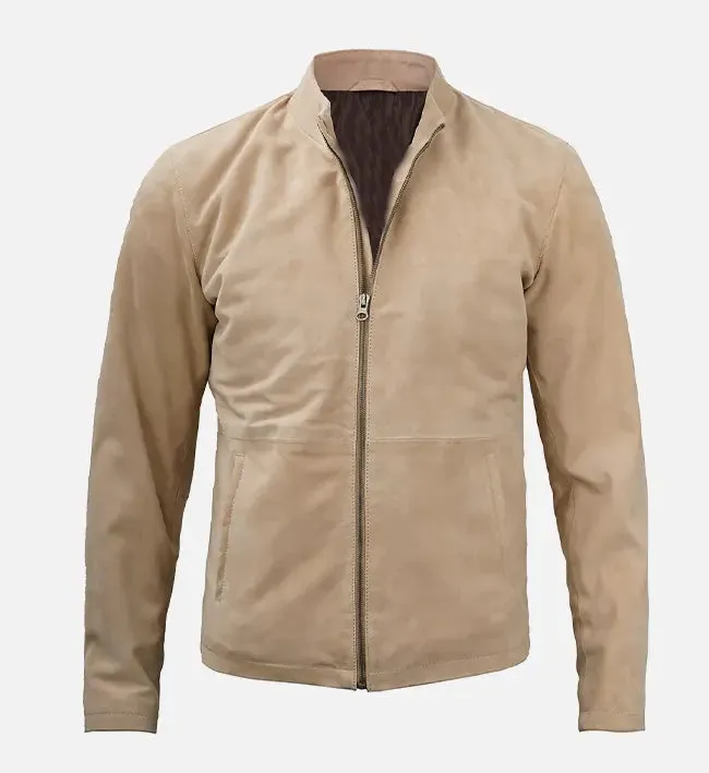 Men's Beige Cafe Racer Suede Leather Jacket