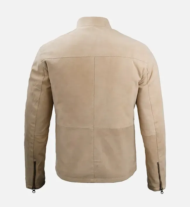 Men's Beige Cafe Racer Suede Leather Jacket