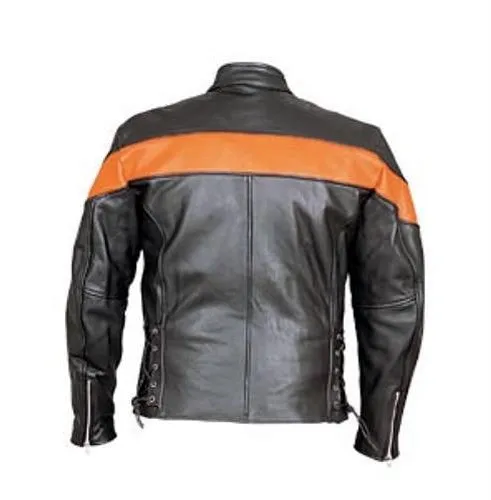 Men's Black And Orange Leather Touring Motorcycle Jacket Side Laces