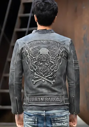 Men’s Black Classic Diamond Biker Leather Jacket With Skull