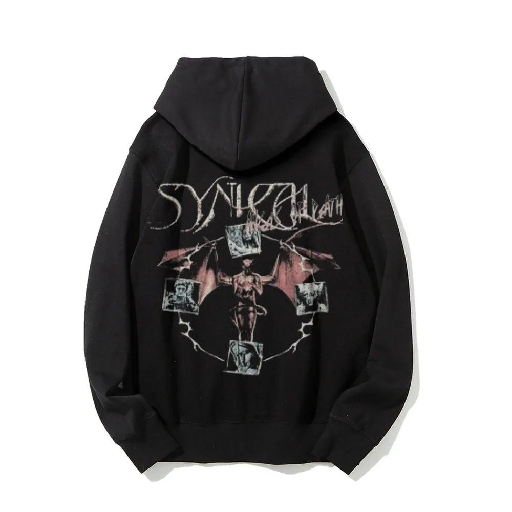 Mens Vintage Synical Angel Darkness Style Print Graphic Pullover With Kangaroo Pocket Hoodies