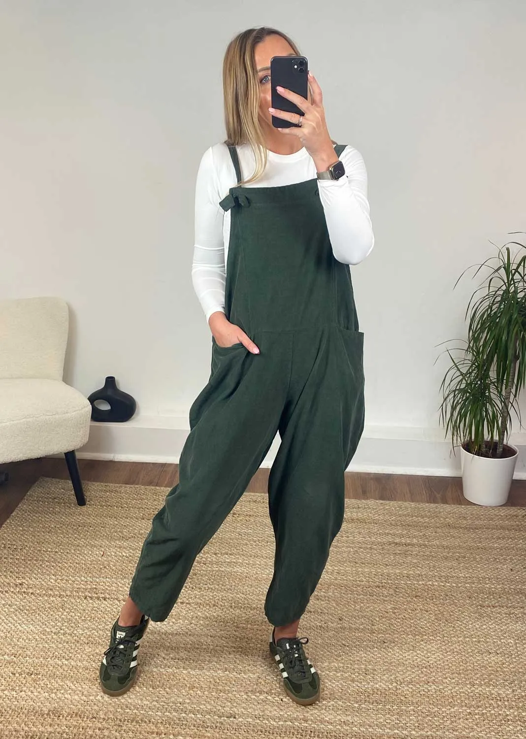 Nellie Needle Cord Dungarees in Khaki