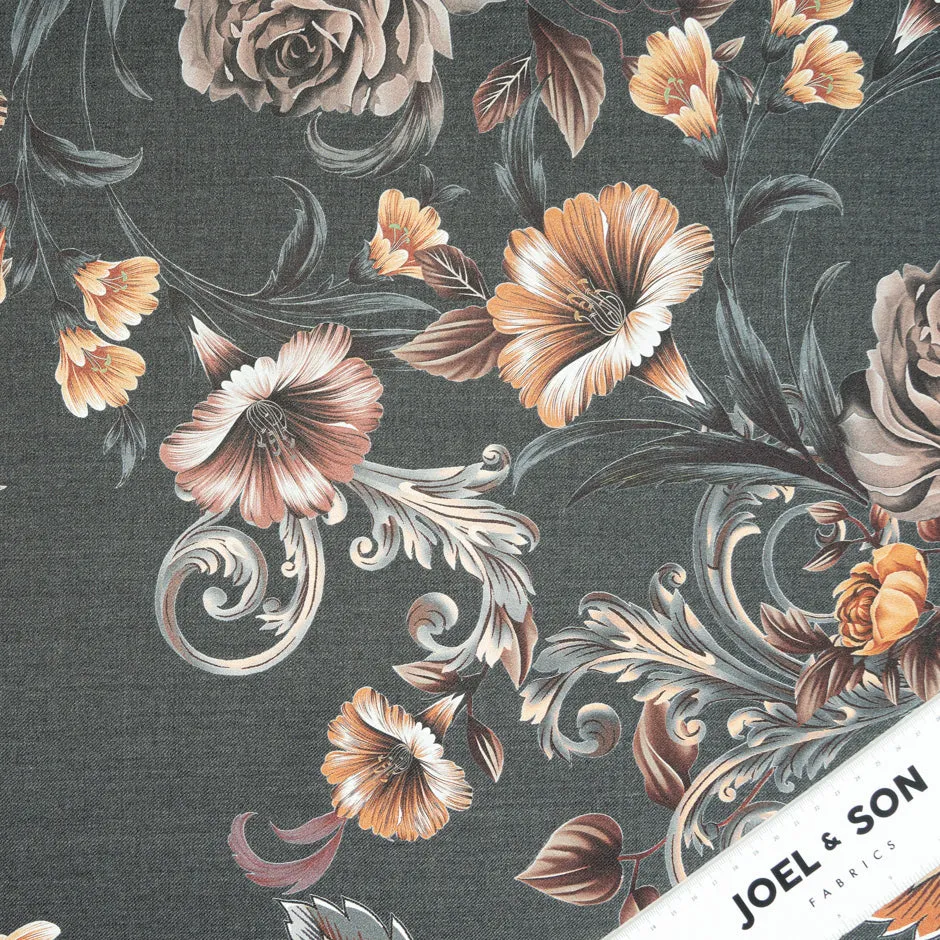 Orange Floral Printed Grey Stretch Wool