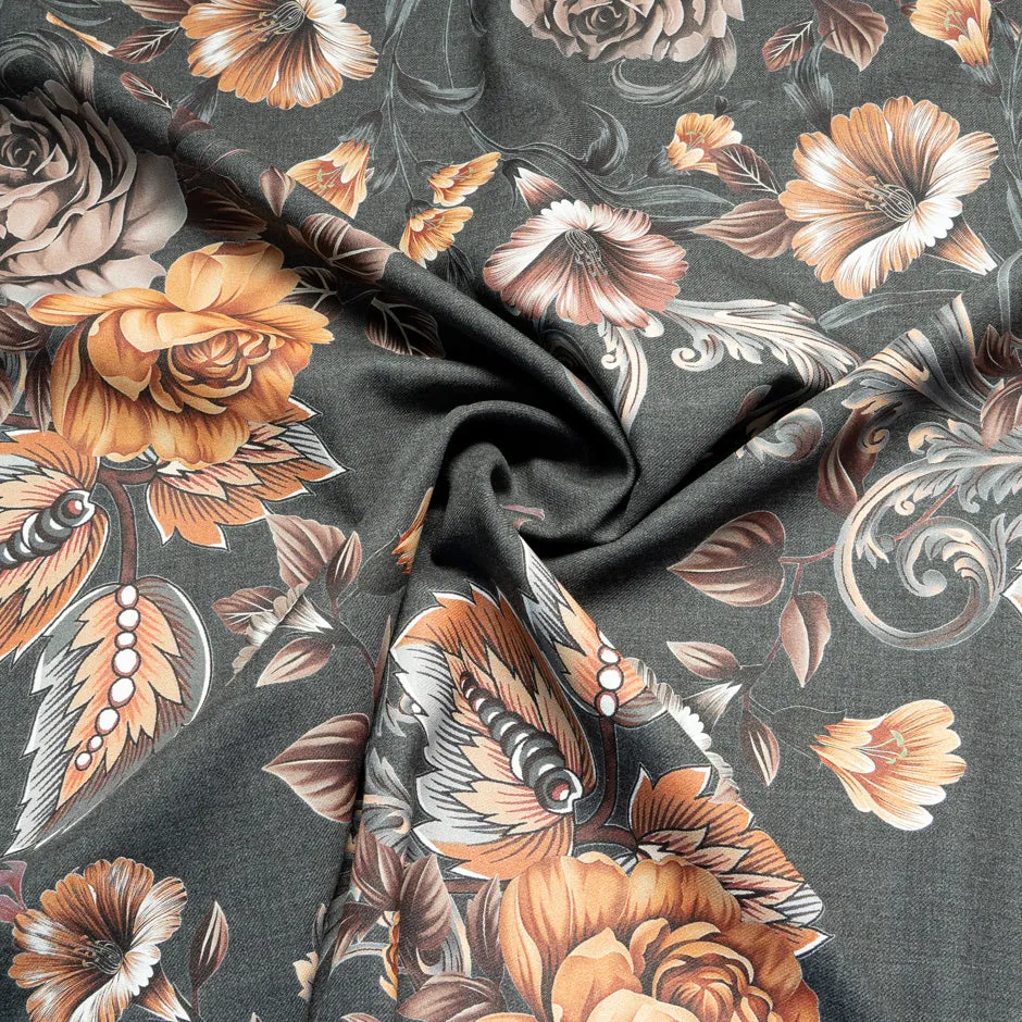 Orange Floral Printed Grey Stretch Wool