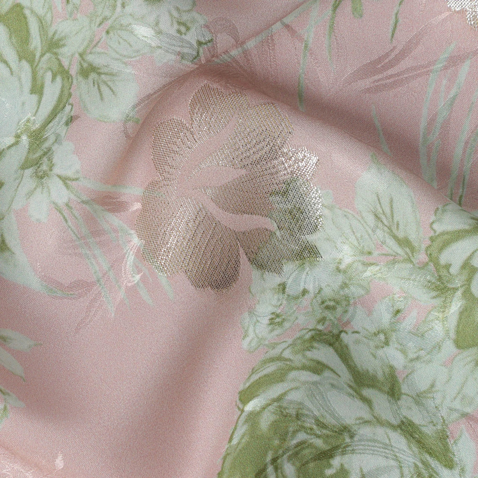 Pale Pink and Green Floral Silk Satin Fabric with Metallic Accents, Width 140 cm, South Korea-D21291