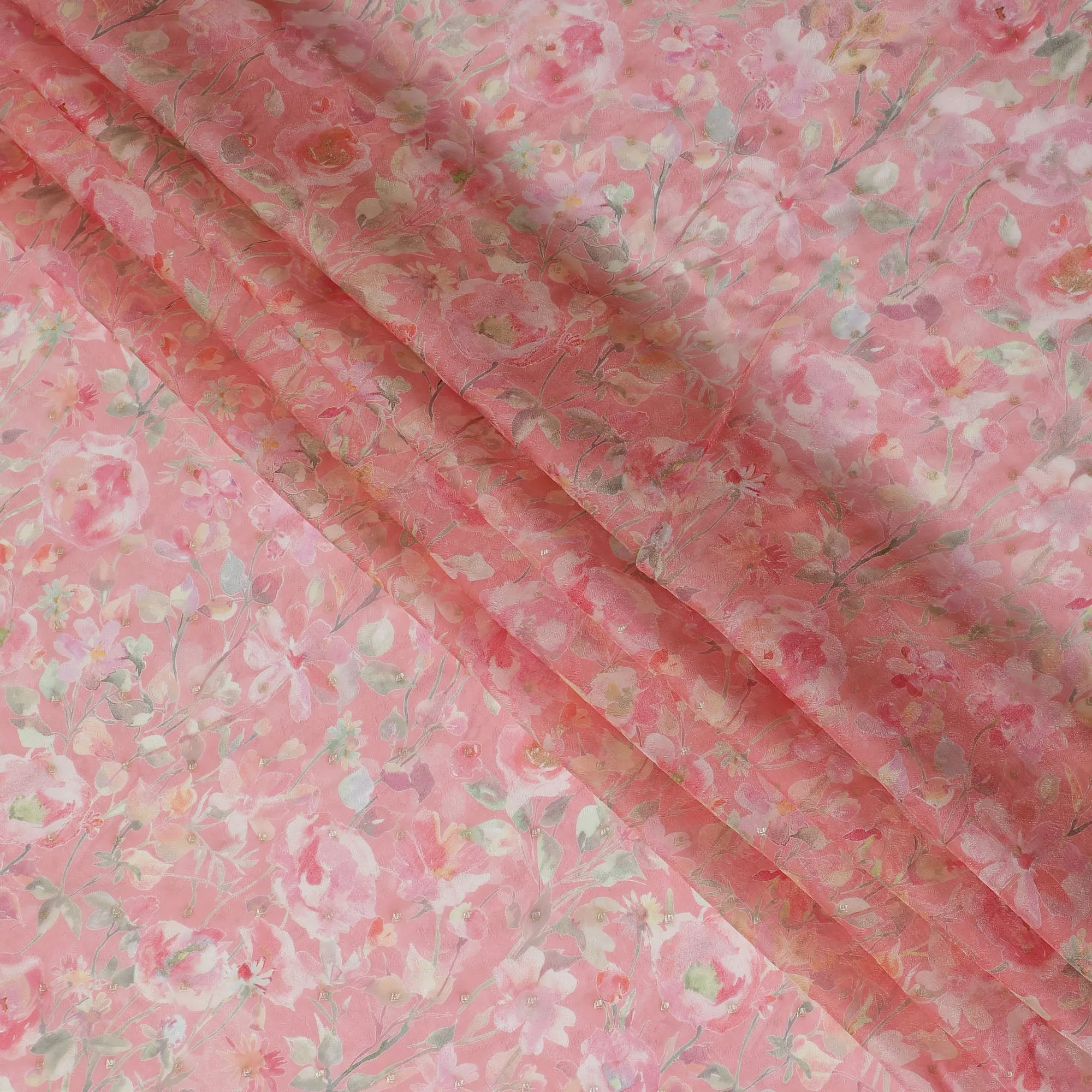 Pink Floral Synthetic Organza Fabric - 110 cm Width, Made in India-D19632