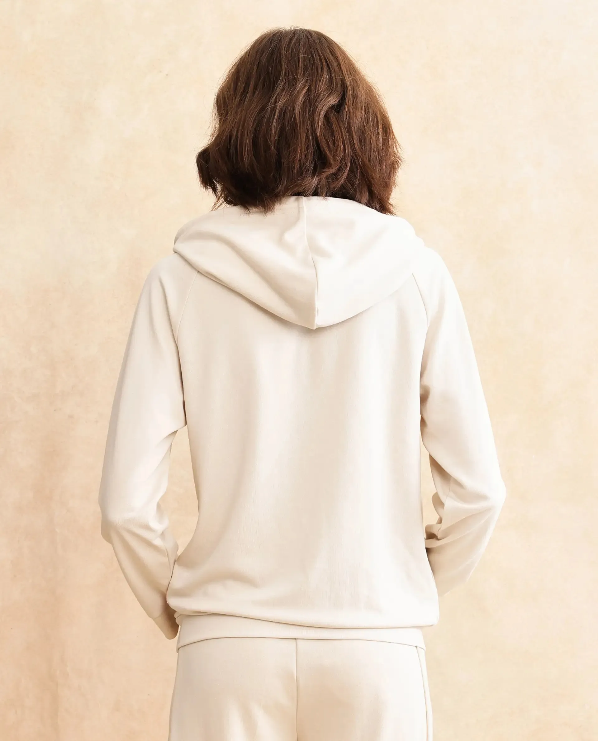 Rareism Women Adani Off White Modal Lycra Fabric Full Sleeve Hooded Relaxed Fit Plain Sweatshirt