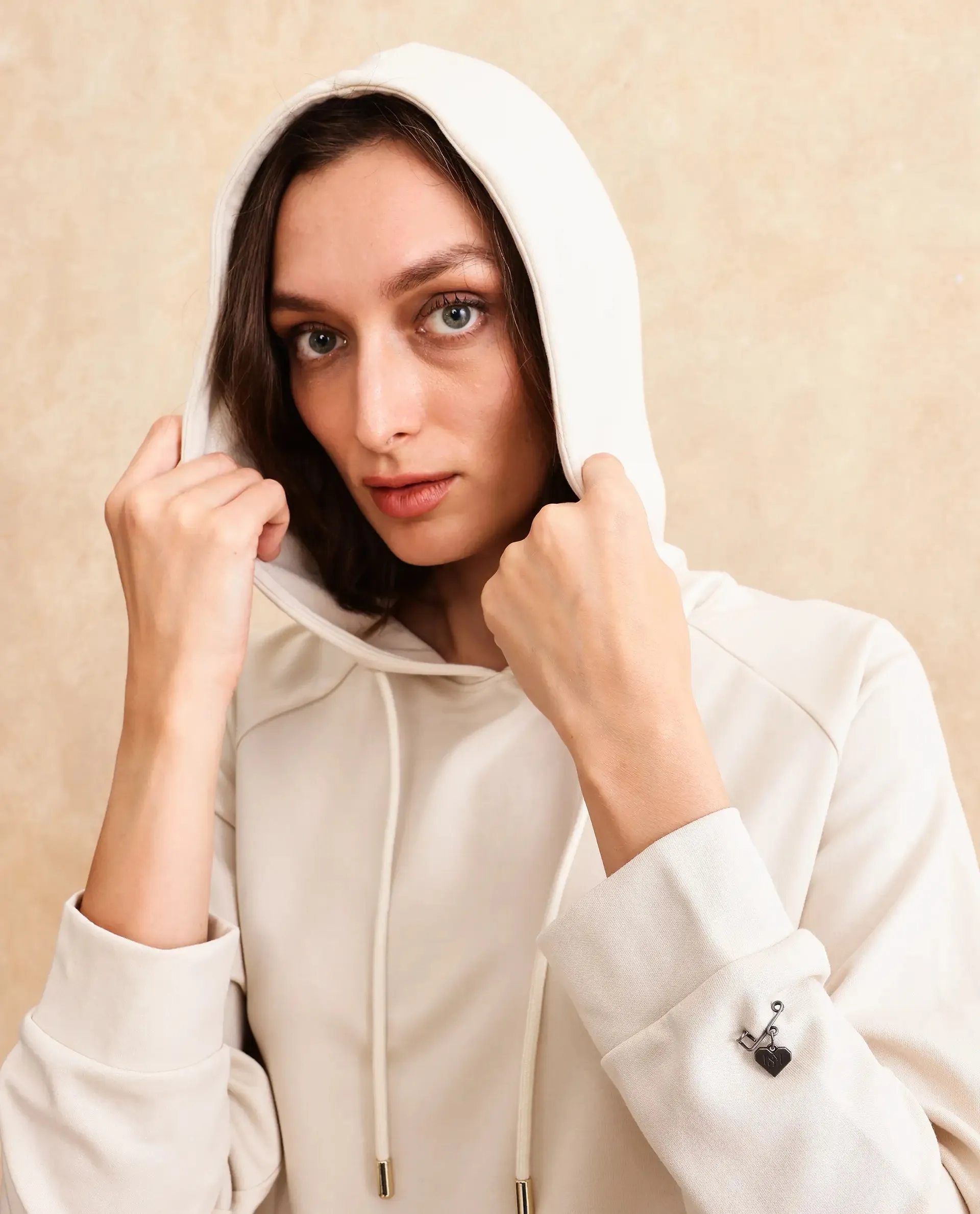 Rareism Women Adani Off White Modal Lycra Fabric Full Sleeve Hooded Relaxed Fit Plain Sweatshirt