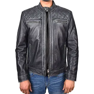 Real Leather Mens Biker Jacket Rub off Rugged Vintage Look Zip Fasten Cafe Racer Samuel