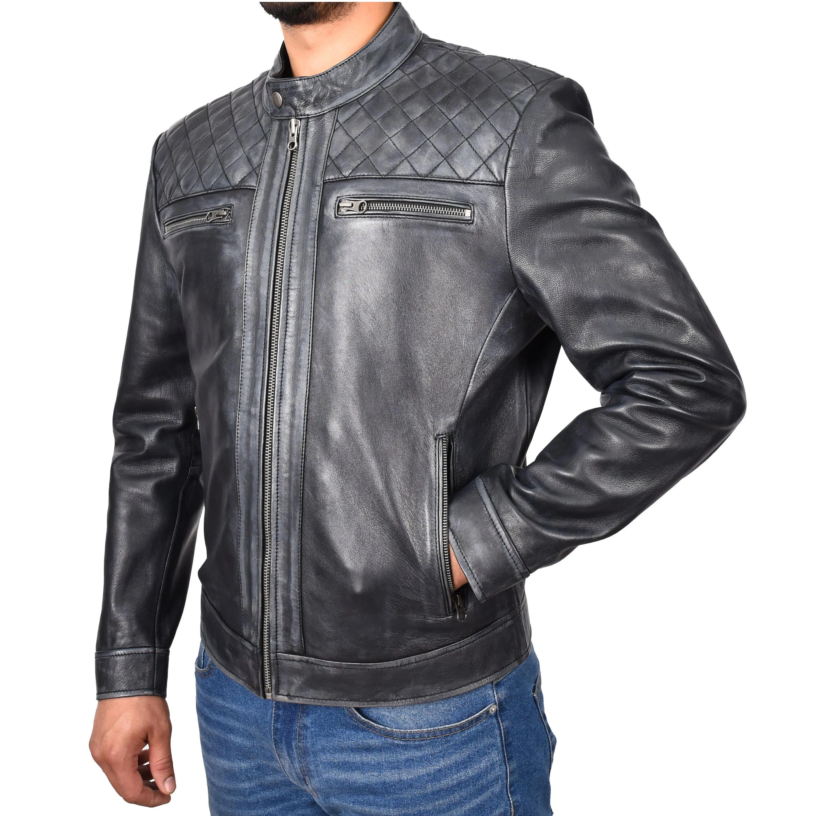 Real Leather Mens Biker Jacket Rub off Rugged Vintage Look Zip Fasten Cafe Racer Samuel