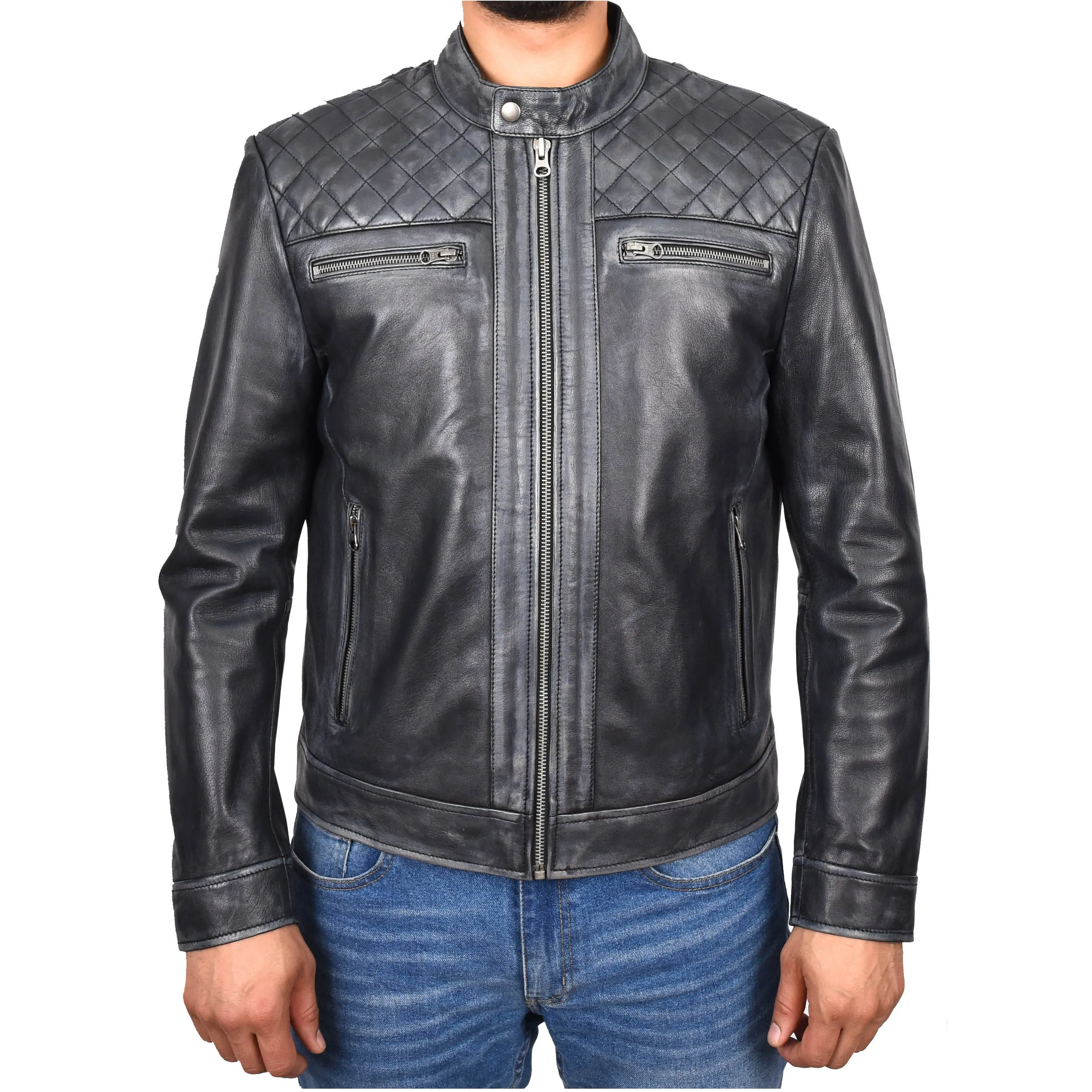 Real Leather Mens Biker Jacket Rub off Rugged Vintage Look Zip Fasten Cafe Racer Samuel