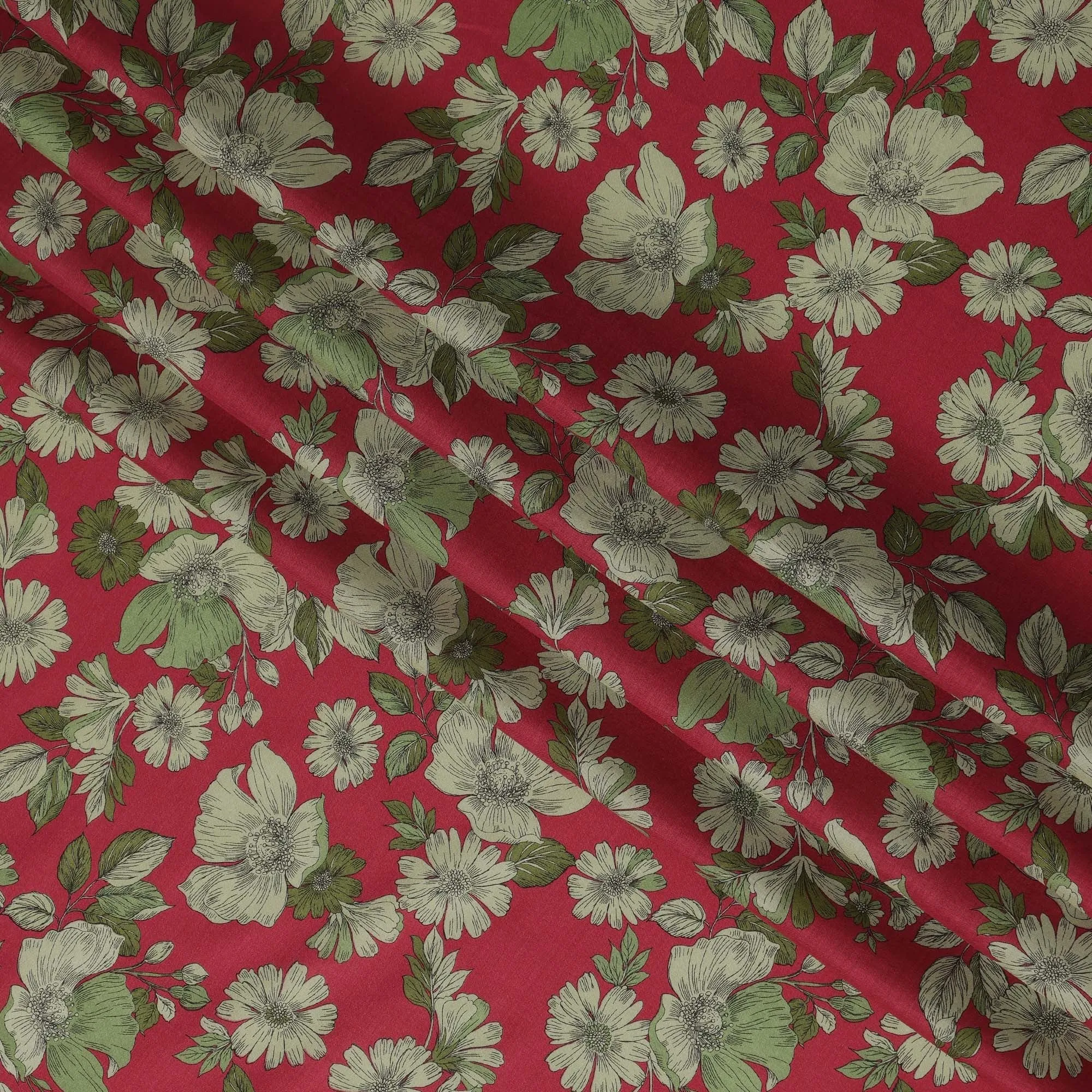 Red and Green Floral Cotton Lawn Digital Print Fabric - 110 cm Width-D21222