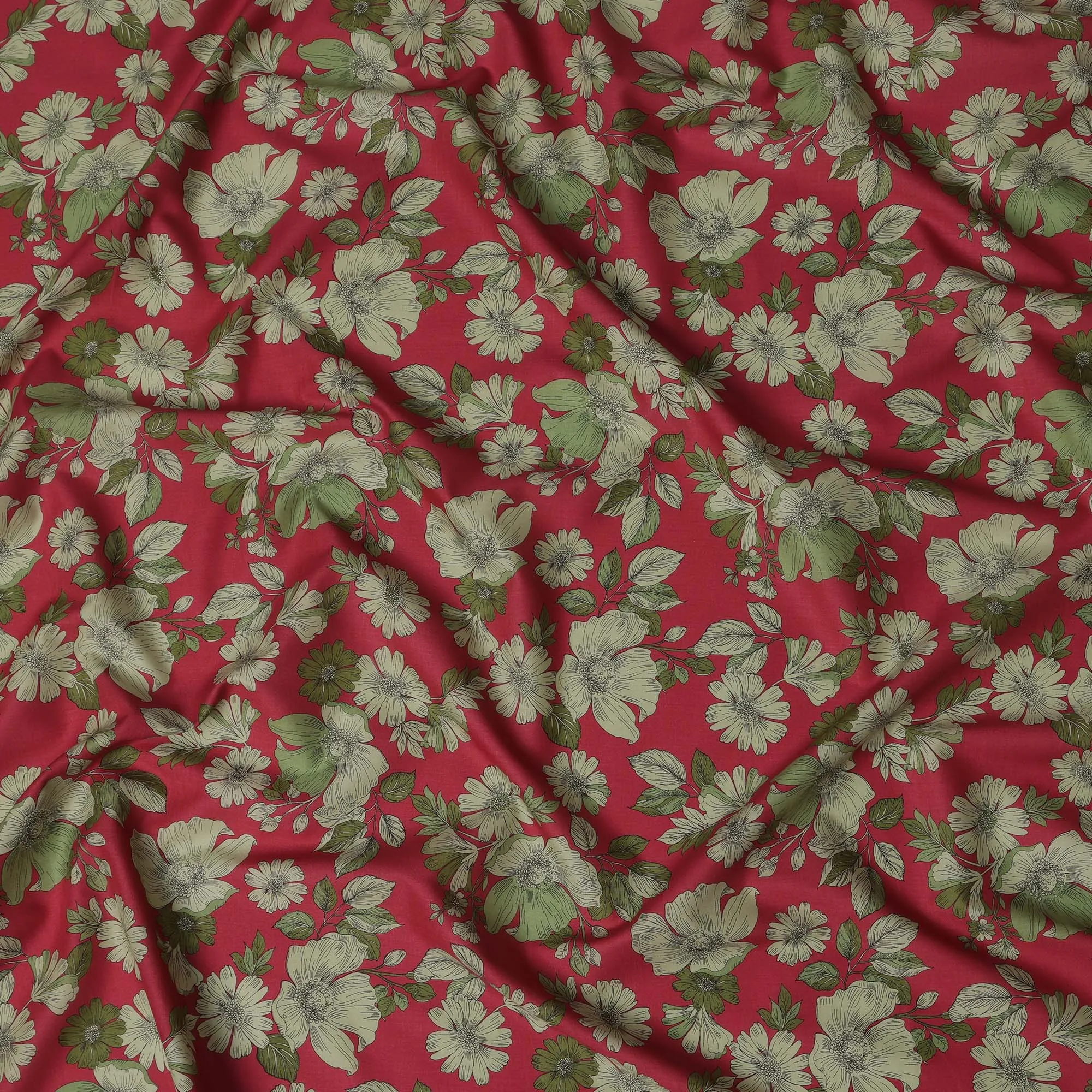 Red and Green Floral Cotton Lawn Digital Print Fabric - 110 cm Width-D21222