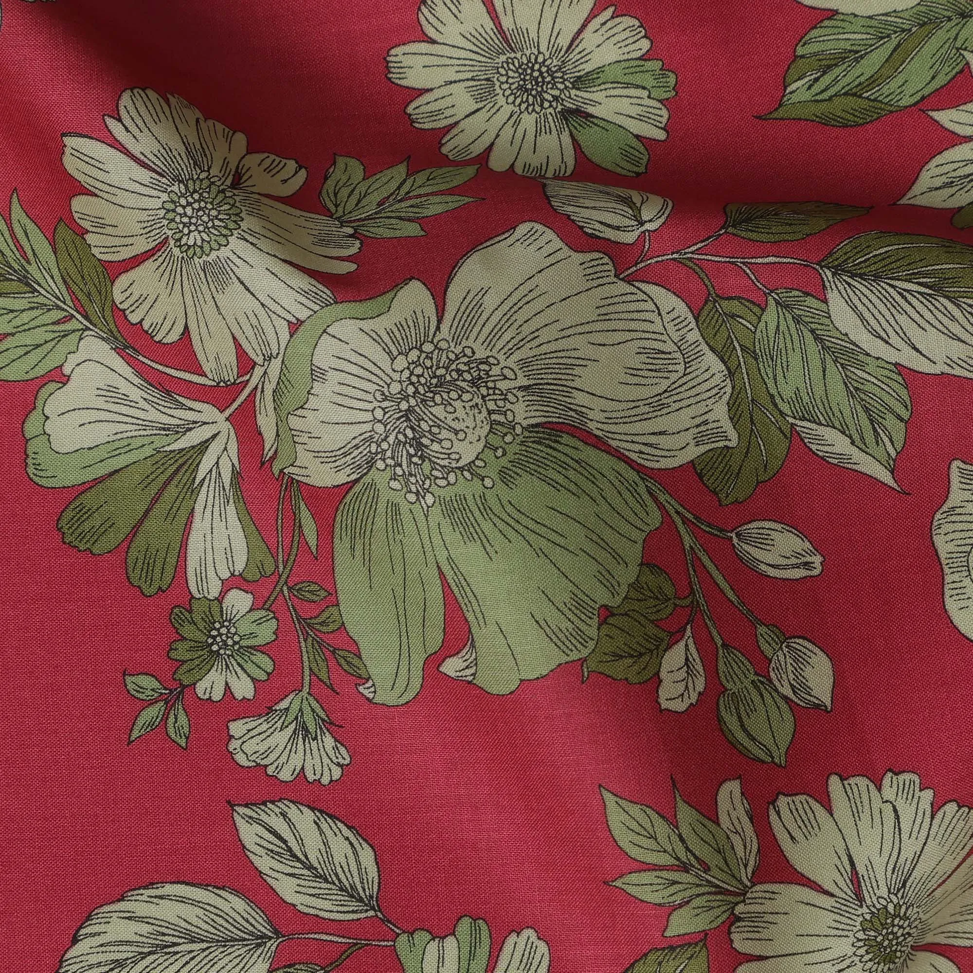 Red and Green Floral Cotton Lawn Digital Print Fabric - 110 cm Width-D21222