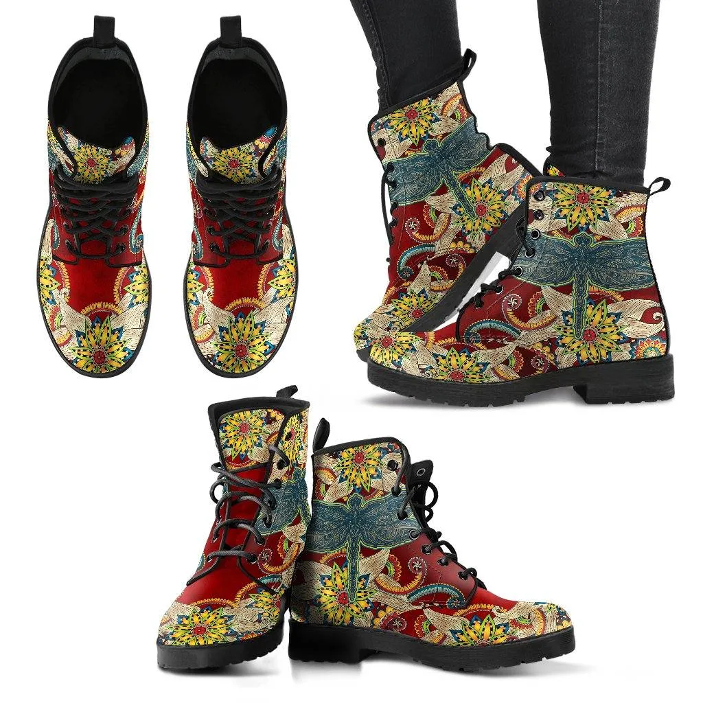 Red Floral Dragonfly  Memory Foam Boots | All Season Lace Up Boots | Vegan Leather Combat Boot by Manifestie