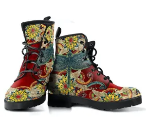 Red Floral Dragonfly  Memory Foam Boots | All Season Lace Up Boots | Vegan Leather Combat Boot by Manifestie