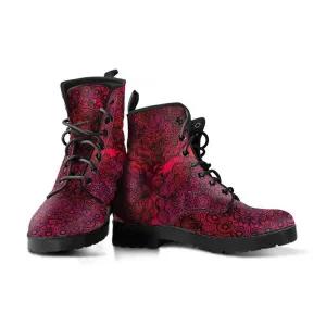 Red Mandala  Memory Foam Boots | All Season Lace Up Boots | Vegan Leather Combat Boot by Manifestie