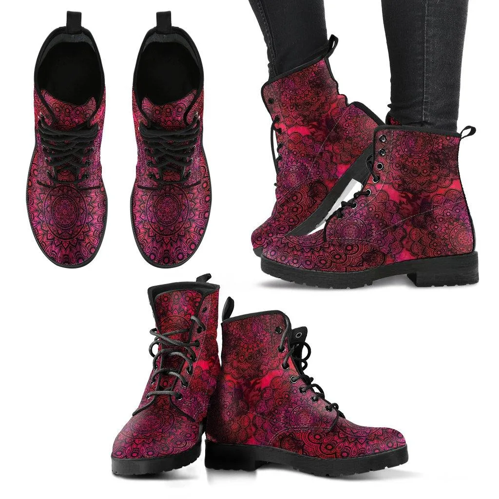 Red Mandala  Memory Foam Boots | All Season Lace Up Boots | Vegan Leather Combat Boot by Manifestie