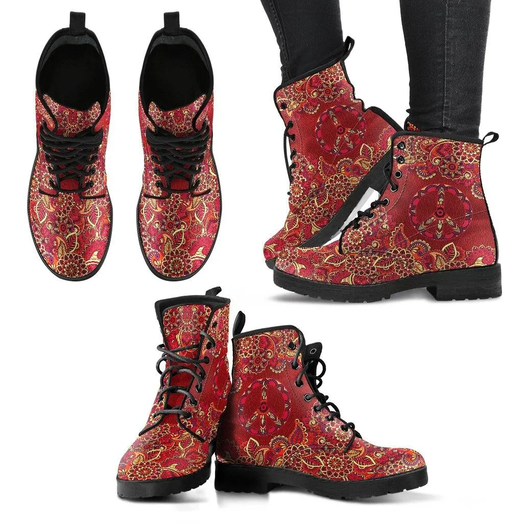 Red Peace Mandala  Memory Foam Boots | All Season Lace Up Boots | Vegan Leather Combat Boot by Manifestie