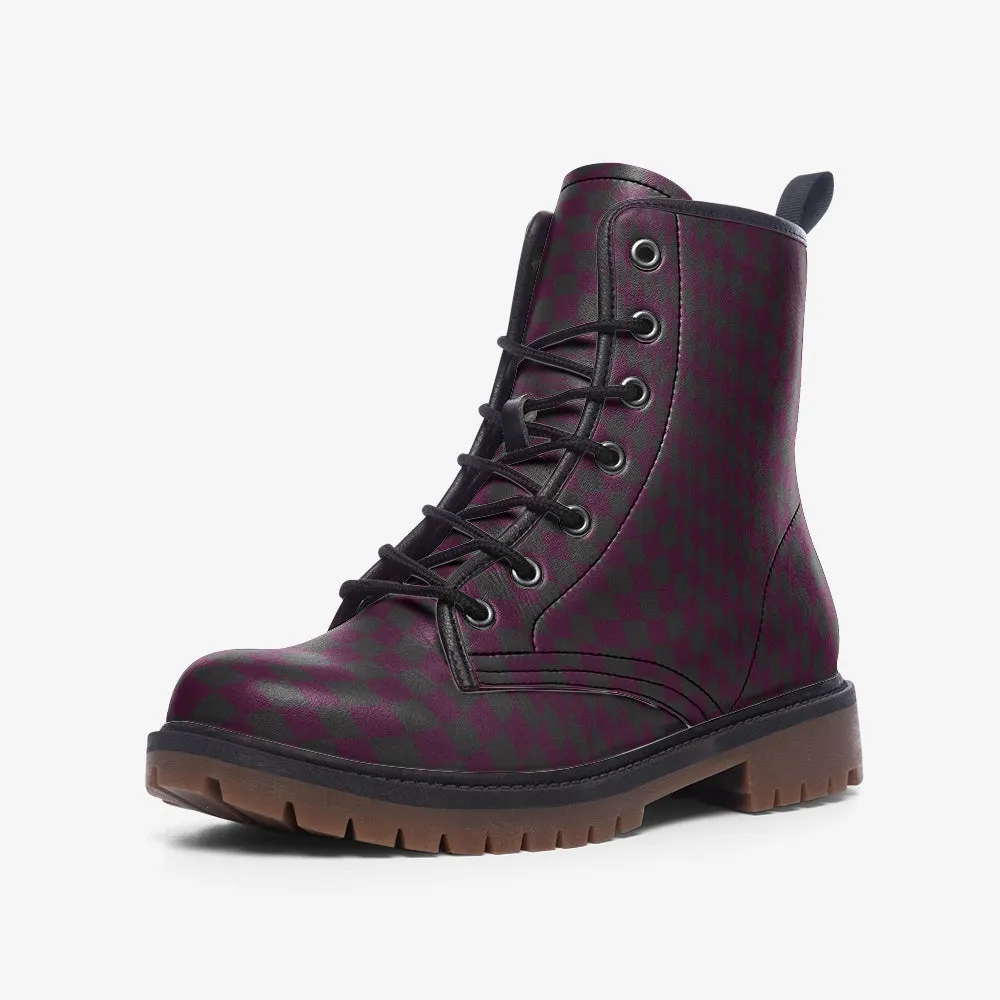 Red Wine Abstract Checkerboard Lace Up Boots