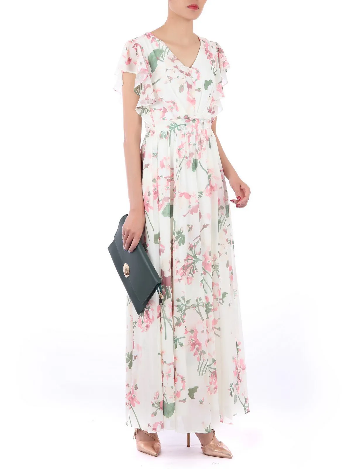 Ruffle Sleeved Chiffon Maxi Dress, Cream Floral