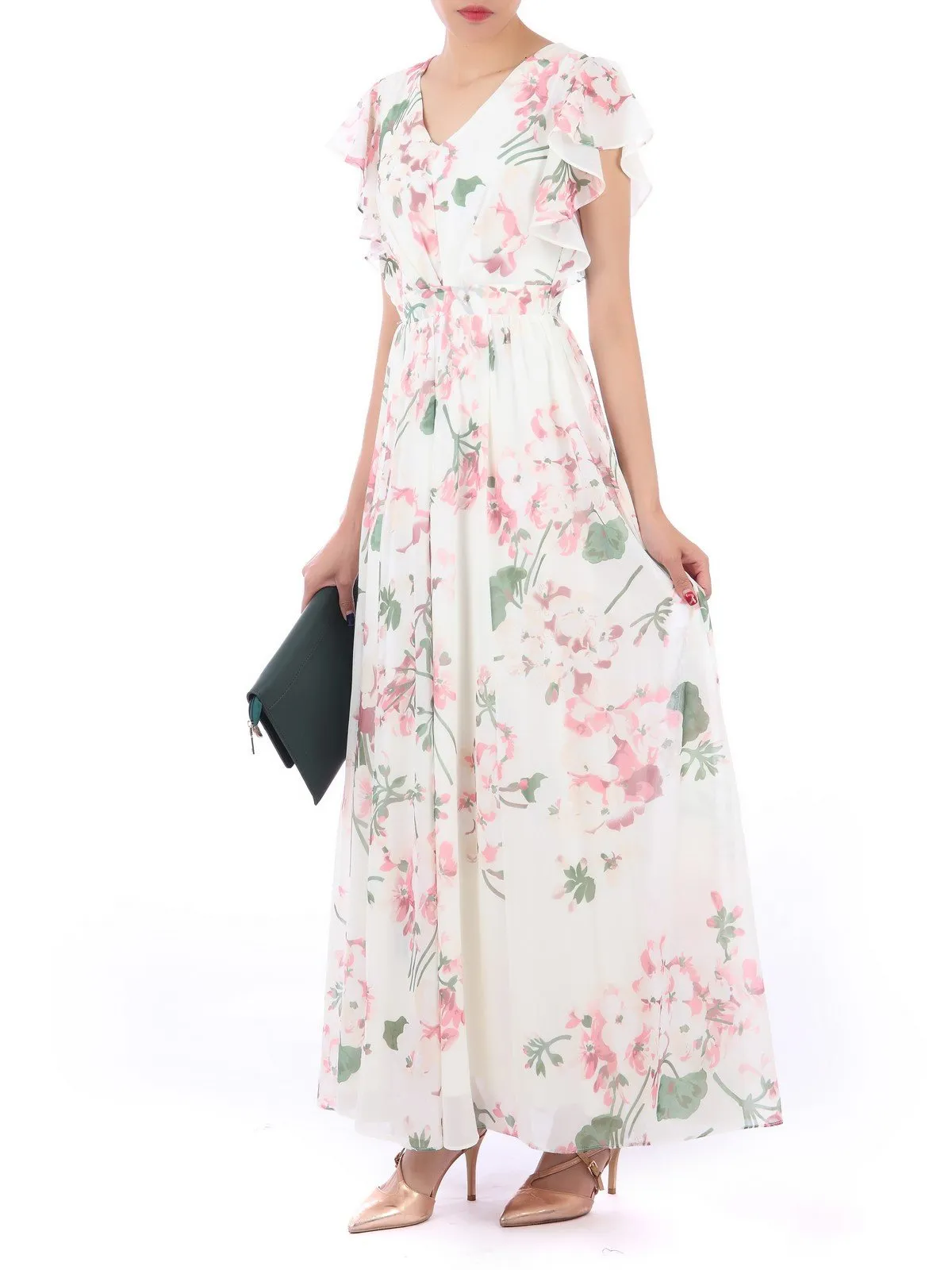 Ruffle Sleeved Chiffon Maxi Dress, Cream Floral