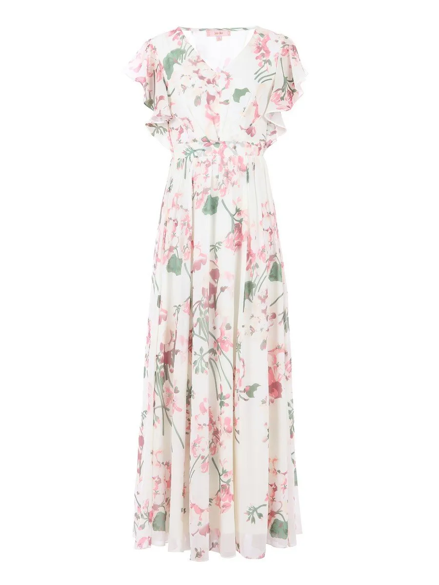 Ruffle Sleeved Chiffon Maxi Dress, Cream Floral