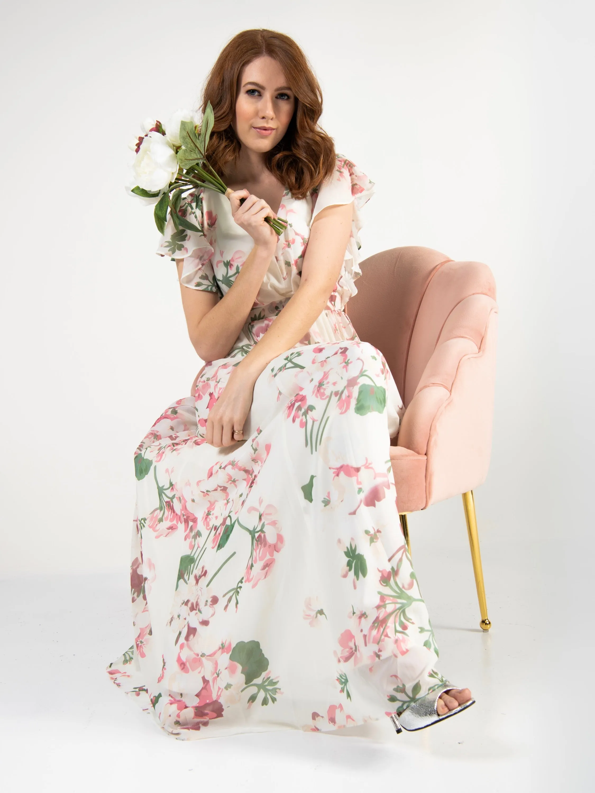 Ruffle Sleeved Chiffon Maxi Dress, Cream Floral