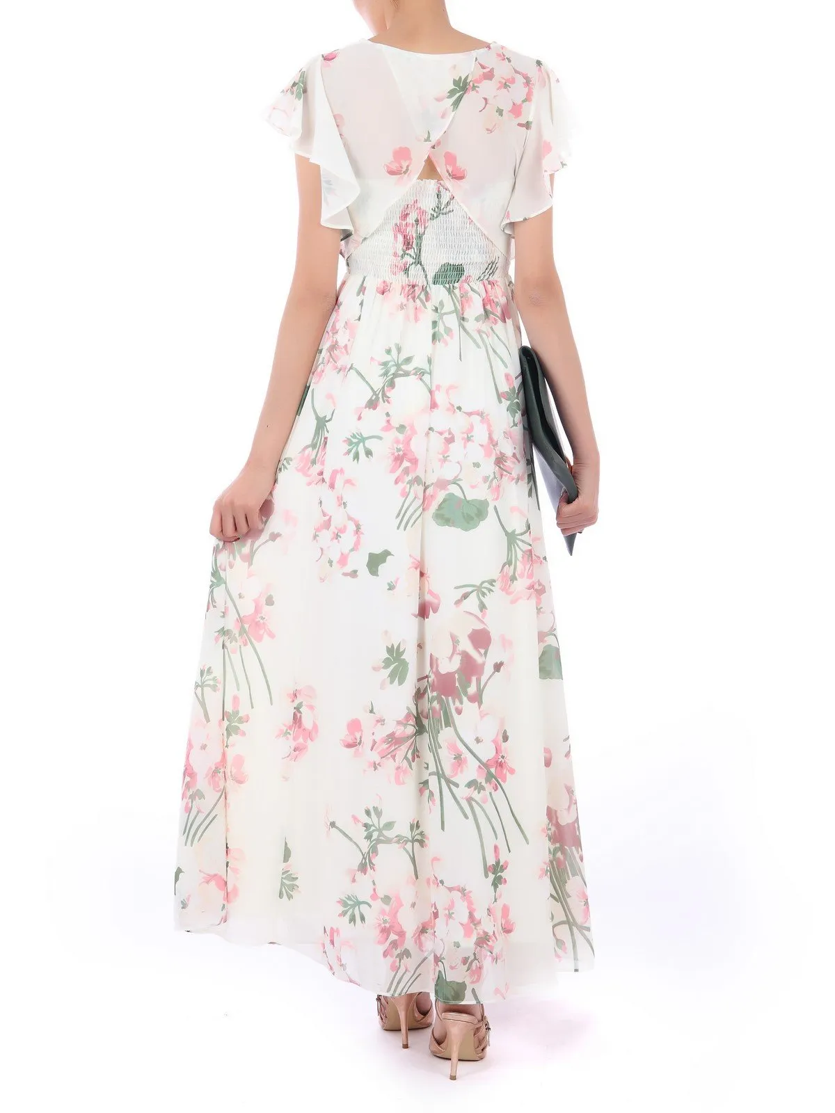 Ruffle Sleeved Chiffon Maxi Dress, Cream Floral