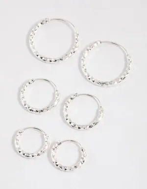 Silver Graduated Textured Hoop Earrings Pack