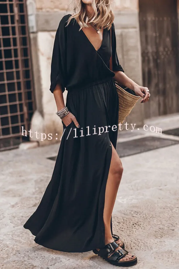 Soft and Elegant Kimono Sleeve Stretchy Waist Pocketed Slit Maxi Dress