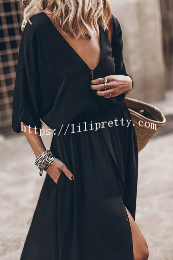 Soft and Elegant Kimono Sleeve Stretchy Waist Pocketed Slit Maxi Dress