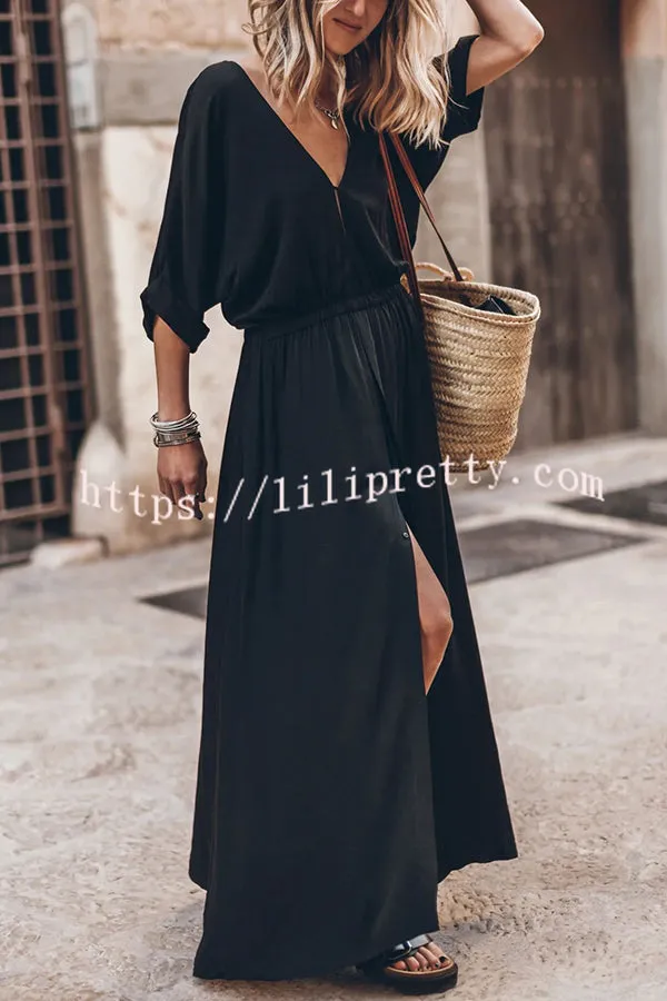 Soft and Elegant Kimono Sleeve Stretchy Waist Pocketed Slit Maxi Dress