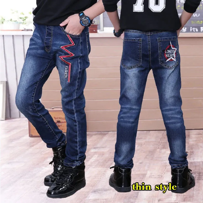 Spring Autumn Children Jean Pants Teen Boys Denim Trousers Casual Letter Cotton Pencil Pants Leggings Boy Dark Jeans