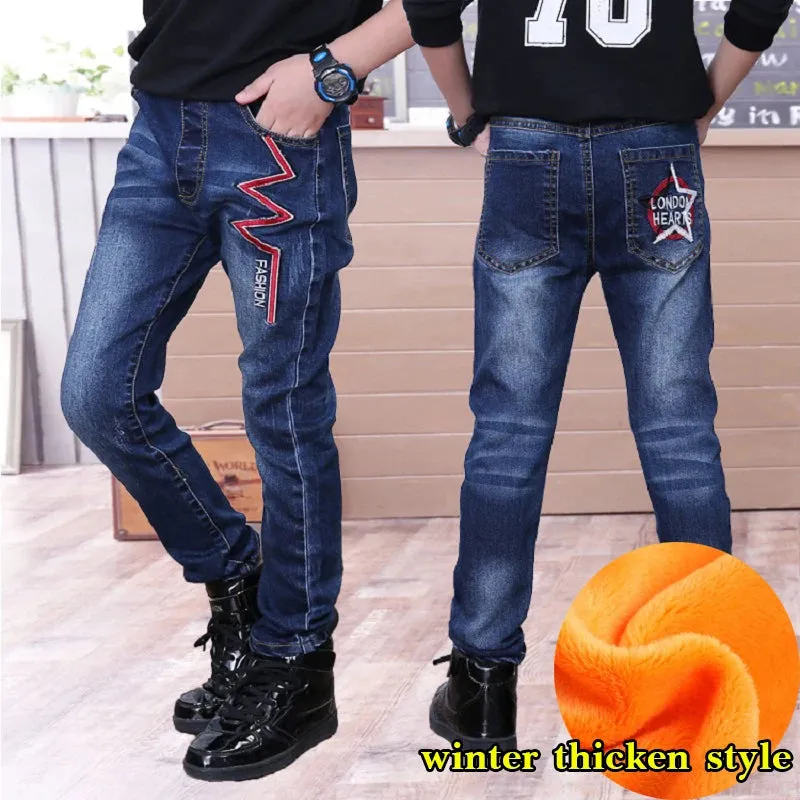 Spring Autumn Children Jean Pants Teen Boys Denim Trousers Casual Letter Cotton Pencil Pants Leggings Boy Dark Jeans