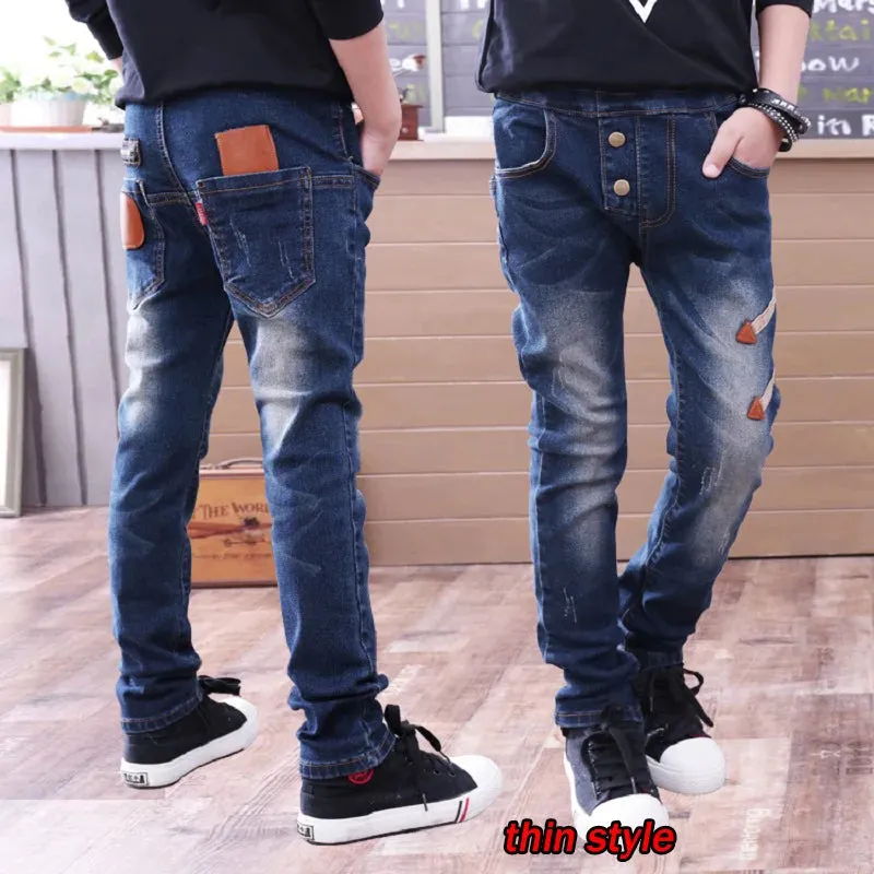 Spring Autumn Children Jean Pants Teen Boys Denim Trousers Casual Letter Cotton Pencil Pants Leggings Boy Dark Jeans