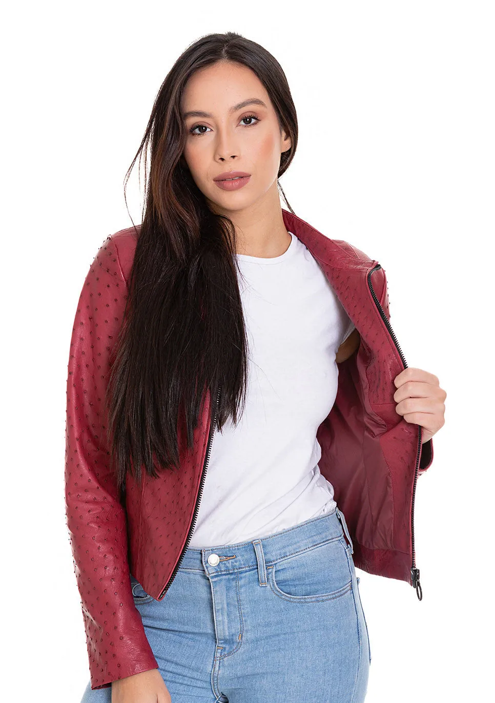 The Comly Burgundy  Ostrich Leather Women Jacket