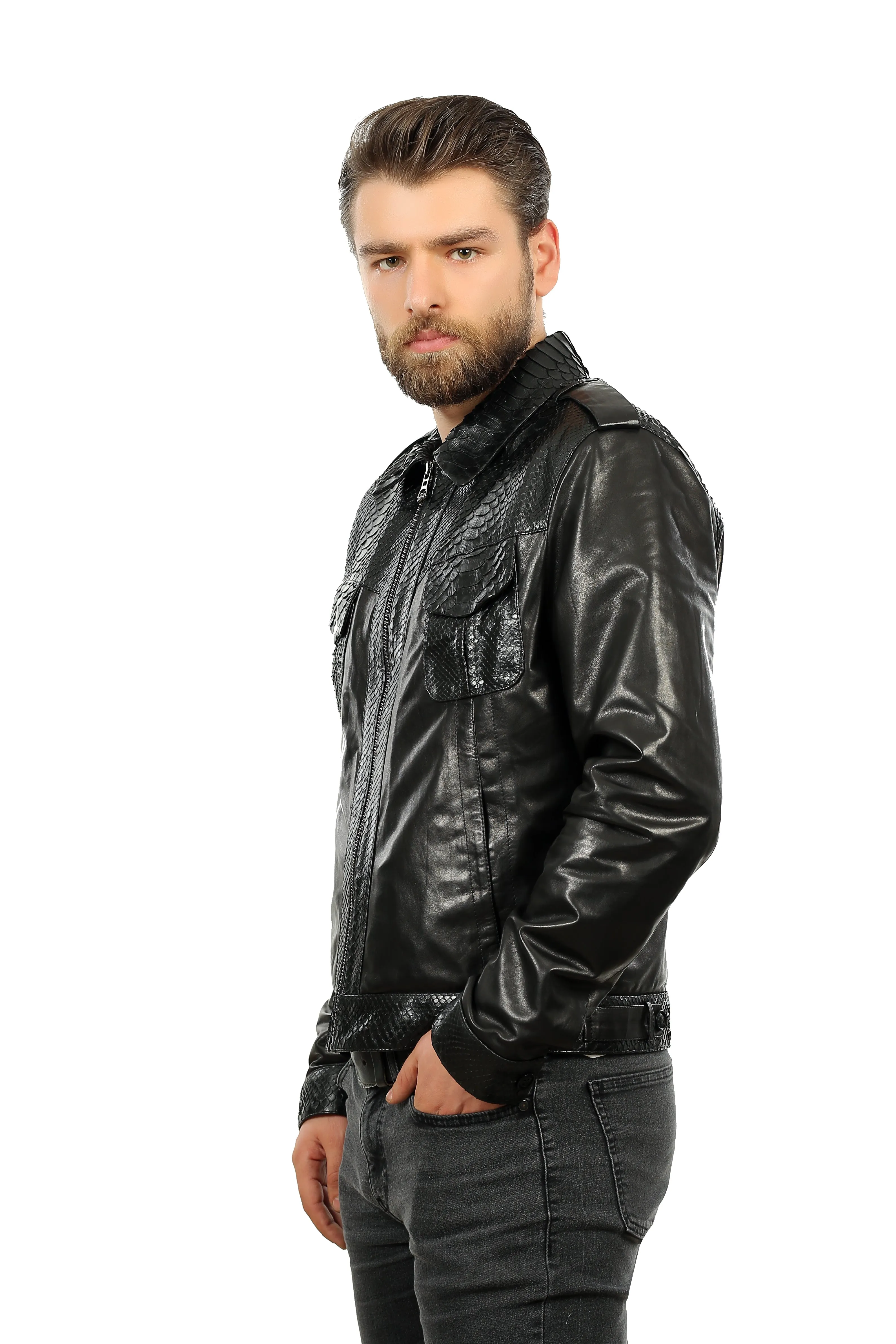 The Laquin Pythn Black Leather Men Jacket