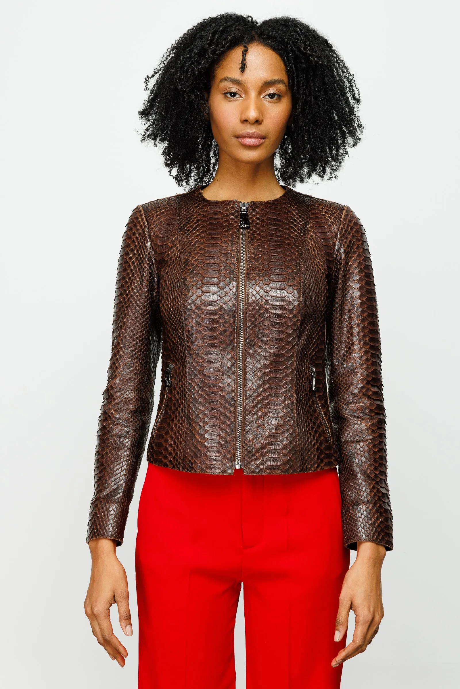 The Mekke Pythn Skin Brown Leather Women Jacket