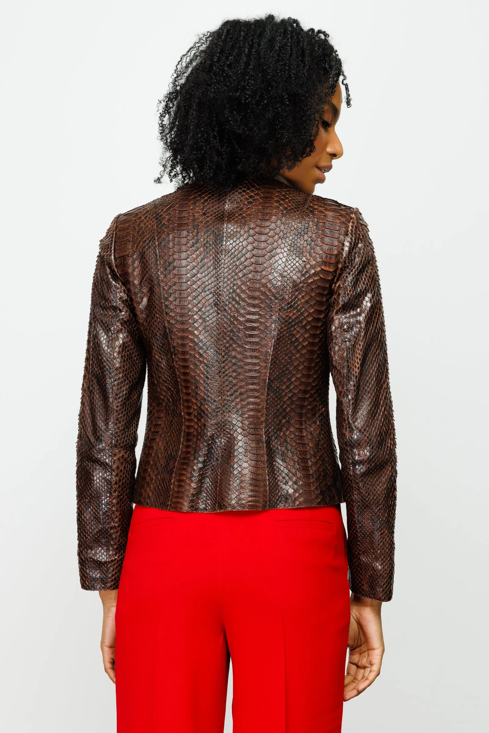 The Mekke Pythn Skin Brown Leather Women Jacket